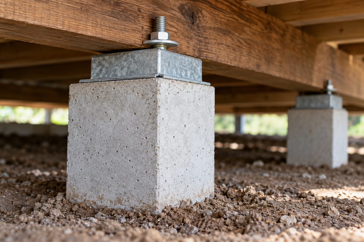 Close detail of a precast concrete stump with a galvanised ant cap under a hardwood bearer, a threaded rod passing up through the bearer and fixed with a washer and nut
