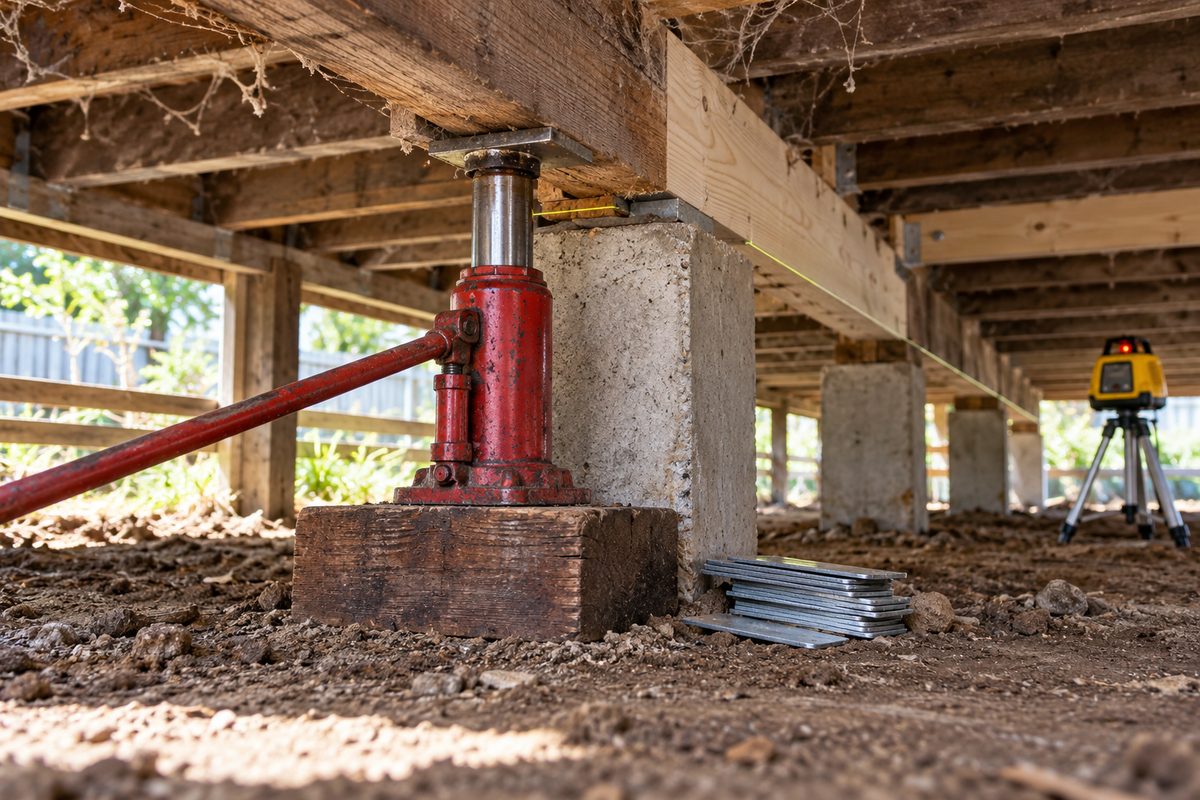 Close under-floor view of a bottle jack on a hardwood pad lifting a bearer off a concrete stump, steel packing shims laid ready beside it, a laser level on a tripod behind and a string line running along the bearer.