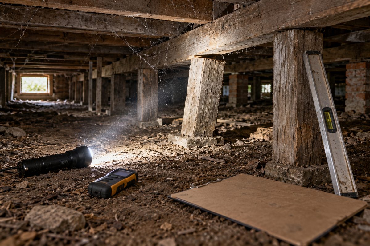 An LED torch beam running along a row of old timber stumps under a house, with a moisture meter, a spirit level held against a stump, a clipboard face down, one stump leaning, a gap above another stump and the access hatch glowing in the distance.