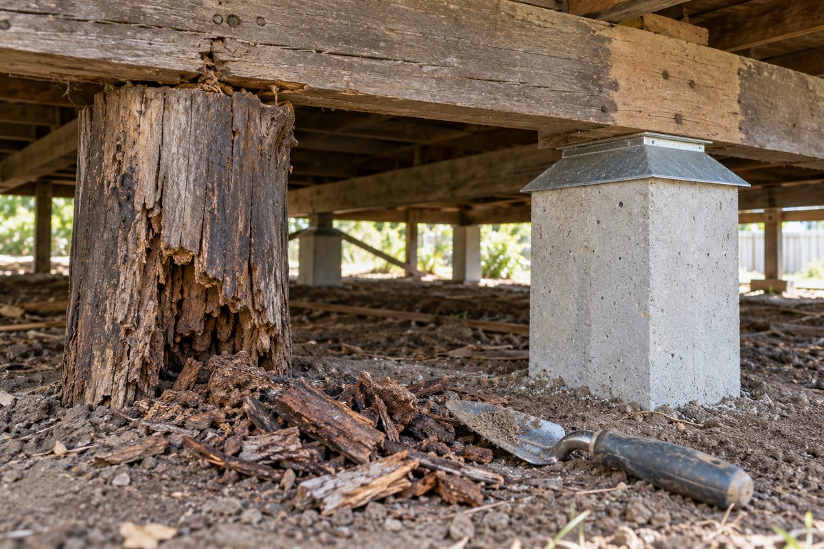 An old red gum stump rotted at ground level with termite galleries in the timber, beside a new concrete stump with a galvanised ant cap carrying the same hardwood bearer, with a hand trowel and fragments of rotten wood between them.